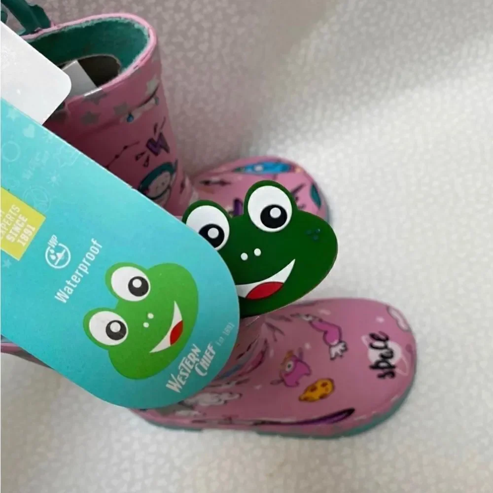 Western Chief Girls' Waterproof Rain Boots with EasyOn Handles Space Party Theme